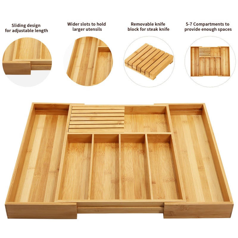 VaeFae Bamboo Silverware Drawer Organizer Kitchen, Expandable Utensil Organizer with Knife Block, Cutlery Tray with Divider, Multifunctional Drawer Organizer - Image 4